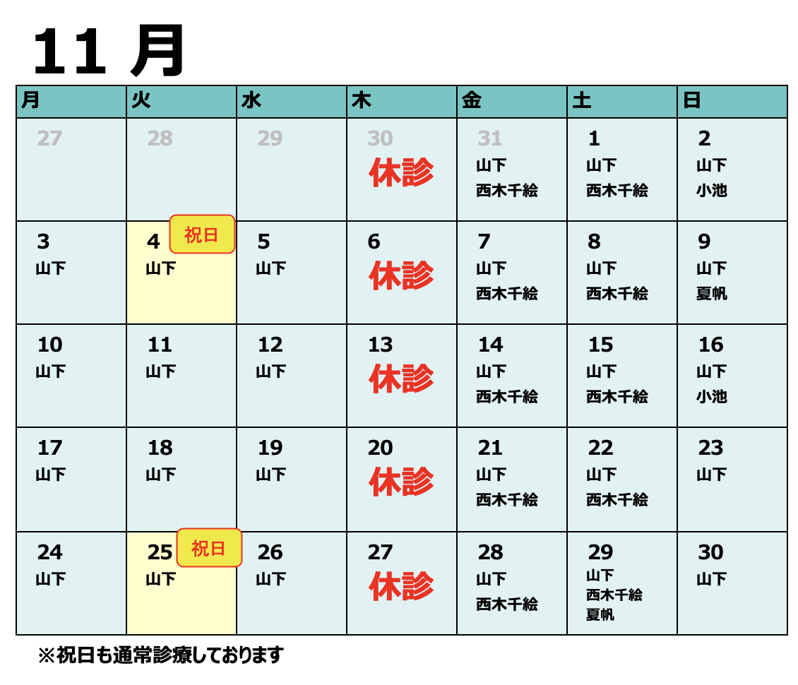 11月　獣医師出勤表